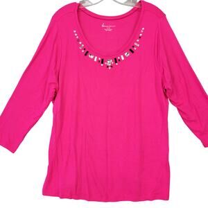 Lane Bryant Pink Shirt Stretch Preppy Beaded Scoop Chic 3/4 Sleeve Women Size 14